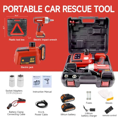 E-HEELP Electric Car Jack 5 Ton Cordless, 12V Battery Hydraulic Floor Jack with Remote Control, Tire Change Kit with Impact Wrench & LED Light, Portable Auto Lifting Tool for Roadside Emergency SUV RV