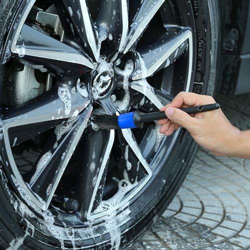TAKAVU Wheel & Tire Brush, Stiff Bristle Short Handle, Scratch-Safe (Blue) | Includes Detail Brush, Cleans Rims, Wheel Wells, Interior Vents & Emblems, Car Detailing Cleaning Kit - color: Blue