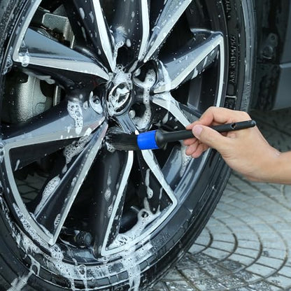TAKAVU Wheel & Tire Brush, Stiff Bristle Short Handle, Scratch-Safe (Blue) | Includes Detail Brush, Cleans Rims, Wheel Wells, Interior Vents & Emblems, Car Detailing Cleaning Kit - color: Blue