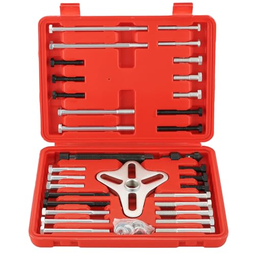 46-Piece Harmonic Balancer Puller Set | Comprehensive Flywheel Puller Automotive Steering Wheel Puller Kit Crankshaft Pulley Removal, Gear Puller, Flange Type Puller - color: Red
