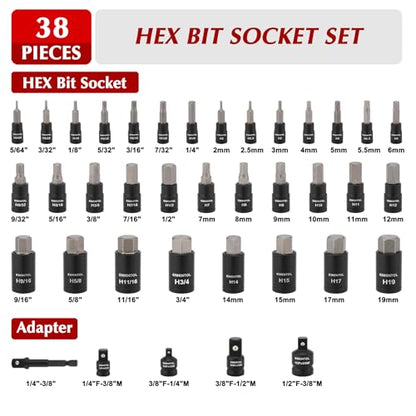 EMENTOL 38PCS 1/4" 3/8" 1/2" Drive Allen Hex Bit Socket Set, SAE/Metric, Includes Power Drill Adapter, Socket Adapters, 2mm - 19mm, 5/64" - 3/4" - size: 38-piece Allen Hex Bit Socket Set