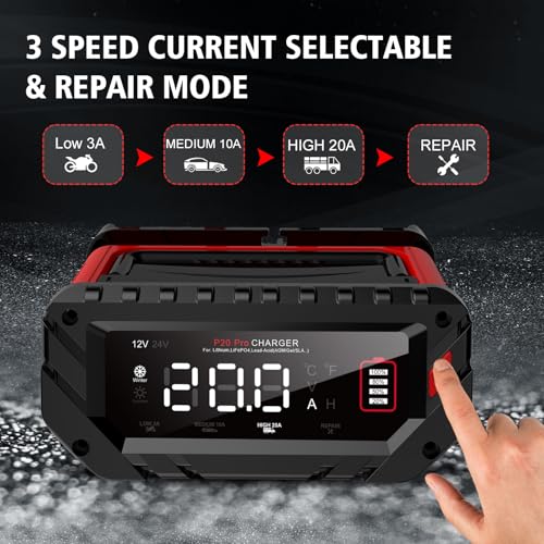 20A Car Battery Charger, 12V/24V Smart Battery Maintainer, Trickle Chargers | 12V 20A/24V 10A Smart Fast Battery Chargers for Car, Motorcycle, Boat, Marine, Lead-Acid, Lithium, LiFePo4 Batteries