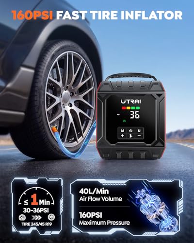 UTRAI 8000A Jump Starter with Air Compressor 160PSI, Car Battery Jumper Starter for All Gas/12L Diesel Engines, Portable Car Jump Starter Jump Box with 1000LM Magnetic Light, Tire Repair Kit