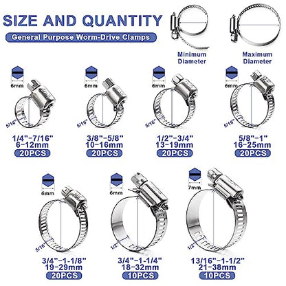 Hose Clamp- Qibaok 120 PCS Stainless Steel Hose Clamps Assortment Kit | 1/4''–1-1/2'' Worm Gear Clamps for Fuel Line, Plumbing, Automotive, Mechanical Applications, Pipe, Tube, Radiator, Garden