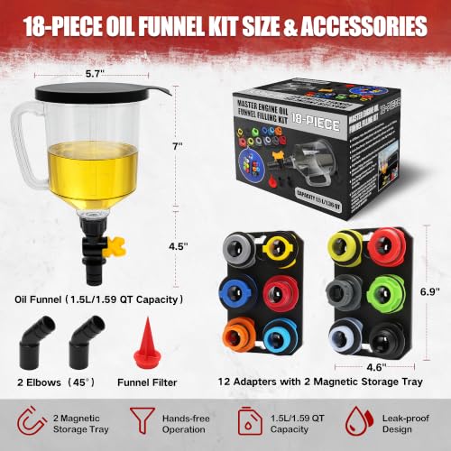 18Pcs No-Spill Engine Oil Funnel Kit, 1.59QT/1.5L Automotive Oil Funnel Set | Spill-Proof, 12 Adapters, 2 Magnetic Trays, Elbow Fitting & Arrow Screen, Universal Fit for Ford, BMW, Audi, GM, Land Rover
