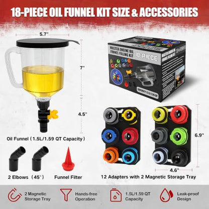 18Pcs No-Spill Engine Oil Funnel Kit, 1.59QT/1.5L Automotive Oil Funnel Set | Spill-Proof, 12 Adapters, 2 Magnetic Trays, Elbow Fitting & Arrow Screen, Universal Fit for Ford, BMW, Audi, GM, Land Rover