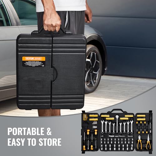 VEVOR Mechanics Tool Set 221Pieces - 1/4" and 3/8" Drive Sockets - SAE and Metric Mechanic Tool Kit with Bits - Wrenches, Ratchet Handle, Accessories, and Plastic Storage Case - for Automotive Repair - size: 1/4"&3/8", style: 221 PCS