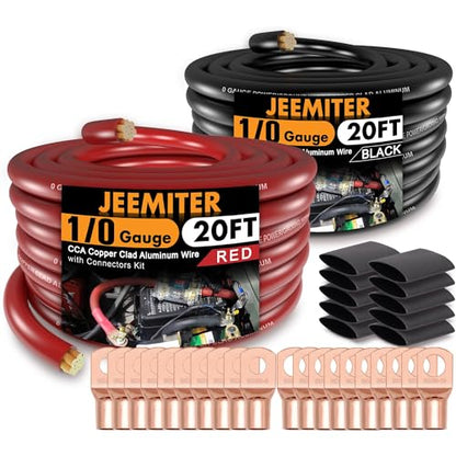 Jeemiter 0 Gauge Wire Copper Clad Aluminum (20ft Each - Red/Black),1/0 Battery Cable,20Pcs Lug Terminal Connectors with 3:1Heat Shrink Tubing for Car Audio Speaker,Solar,Auto,Amp,RV & Marine - size: 40FT Wire