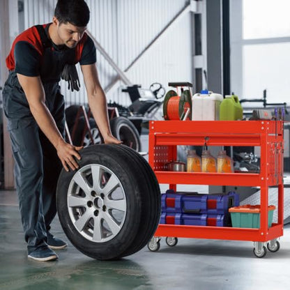 3 Tier Rolling Cart, Heavy Duty Utility Industrial Service Carts on Wheels, Metal Tool Cart with Locked Drawers, Ideal for Garage, Warehouse and Repair Shop (Red) - color: Red
