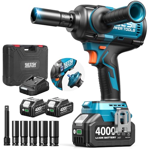 SEESII Upgraded Impact Wrench 1180 Ft-lbs (1600 N·m): 1/2" High-Torque Impact Gun with Detachable Side Handle, 21V Cordless Impact Driver 2x 4.0Ah Batteries for Car/Pickup Truck/Mower/Industrial Tasks - color: With Handle 1180 Ft-lbs / 2x4.0ah Battery