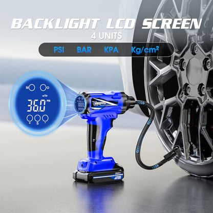 CARSUN Tire Inflator Portable Air Compressor, 150PSI Cordless Tire Pump with DC 12V/Battery Dual Power Supplies, Portable Handheld Air Pump, Digital Pressure Gauge for Car Tires, Bicycles, Balls, Blue