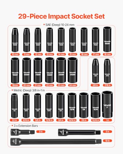 VEVOR 1/2" Drive Impact Socket Set, 29-Piece Deep Sockets Standard SAE (3/8 to 1 inch) and Metric (10 to 24 mm) Size, 6 Point, CR-V Steel, Extension Bars (3", 5", 10") - size: 1/2" 29 PCS