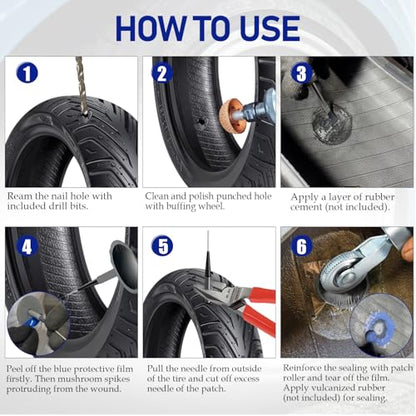 Tire Repair Patch Tool Kit Including 24pcs Tire Patch Plugs, Tungsten Buffing Wheel, Tire Patch Roller with 4mm Twist Drill Bits for Vehicle - size: Tire Repair Kit