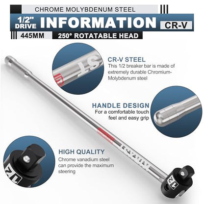 17.5-Inch 1/2” Drive Breaker Bar, Heavy Duty Extension Breaker Bar, 250° Rotatable Head, Premium Chromium Molybdenum Steel, Mechanical Work, Automobile and Motorcycle Maintenance and Repair - size: 1/2" 17.5 in
