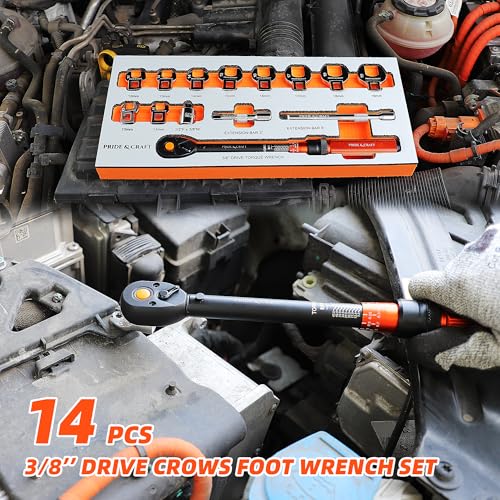 PRIDE&CRAFT 14-Piece Crowfoot Wrench Set, 3/8 Inch Drive Click Torque Wrench with Metric Crowfoot Wrench Heads (10-19mm), 2 Extension Bars, 1/2”F - 3/8”M Universal Joint, One Set for All Purposes - color: Silver