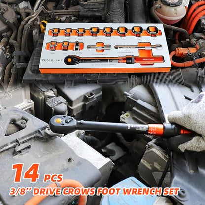 PRIDE&CRAFT 14-Piece Crowfoot Wrench Set, 3/8 Inch Drive Click Torque Wrench with Metric Crowfoot Wrench Heads (10-19mm), 2 Extension Bars, 1/2”F - 3/8”M Universal Joint, One Set for All Purposes - color: Silver