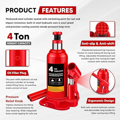 Hydraulic Bottle Jack with Carrying Case, 4 Ton (8,818 lb) Capacity, 7.7-15 inch Lifting Range, Muti-Directional Welded Bottle Car Jack for Car, Truck, RV, Pickup Truck, Auto Repair - size: 4 Ton