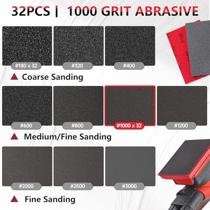 32 PCS 1000 Grit Sanding Sponge, Soft and Flexible Sandpaper Block | 3 x 4 Inch, Hook and Loop, Wet and Dry Use, Washable and Reusable, Tear-Resistant Polishing Pads for Metal Auto Paint Wood - style: 32Pcs 1000Grit