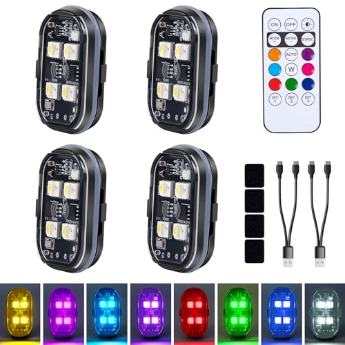Upgraded 4LEDs 4PCS Wireless LED Strobe Lights with Remote Control, 8 Colors Type-C Rechargeable Led Lights Anti Collision Warning Light for Car Motorcycle Bike Drone Aircraft - size: 4pcs