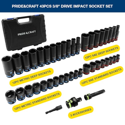 PRIDE&CRAFT 43PCS 3/8" Drive Impact Socket Set, SAE & Metric Deep and Shallow Sockets, 6-Point Cr-V Impact Socket Set with Extension Bar, Universal Joint & Drill Adapter, Heavy Duty Storage Case
