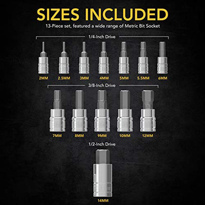 LEXIVON HEX Bit Socket Set, Premium S2 Alloy Steel | 13-Piece Metric 2mm - 14mm Set | Enhanced Storage Case (LX-141) - style: HEX Bit Socket Set