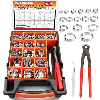 360PCS Stepless Single Ear Hose Clamp Kit - 16 Sizes 5.3-36.1mm (1/4"-1-3/8") 304 Stainless Steel Rustproof Leak-Proof Clamps with Pliers for Automotive Fuel Line, PEX Pipe, Marine & Home Plumbing - size: 360PCS