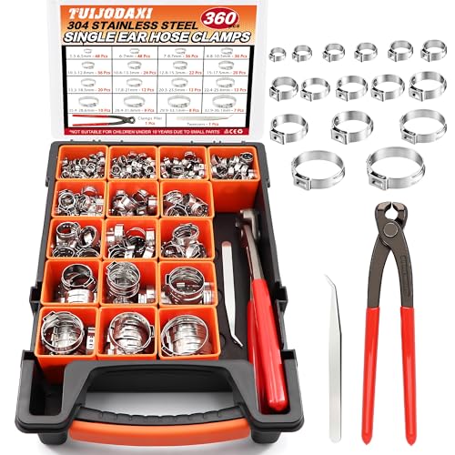 360PCS Stepless Single Ear Hose Clamp Kit - 16 Sizes 5.3-36.1mm (1/4"-1-3/8") 304 Stainless Steel Rustproof Leak-Proof Clamps with Pliers for Automotive Fuel Line, PEX Pipe, Marine & Home Plumbing - size: 360PCS
