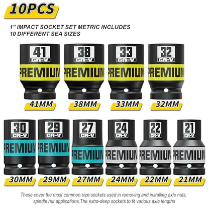 10 Piece 1" Drive Impact Socket Set, Metric Axle Nut Sockets, 21-41mm Thicker Jumbo Sockets, Socket Set, 6 Point, Cr-V, Vehicle and Apparatus Maintenance - size: 1" 10pcs Metric