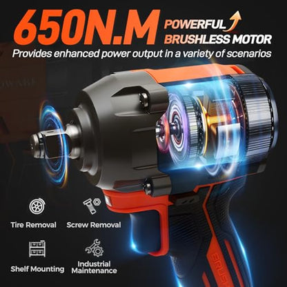 COMOWARE 650N.m (480 ft-lbs) Cordless Impact Wrench, 1/2" Brushless High Torque Impact Gun, 20V 4.0Ah Battery & Fast Charger, 6 Sockets w/case, 3-Speed Control (0-3000RPM), Gift for Dad
