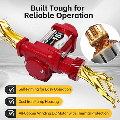 FMCNMech 12V Fuel Transfer Pump, 15 GPM Diesel Transfer Pump Kit with Automatic Shut-Off Nozzle, Heavy-Duty Fuel Pump with 13 ft Hose for Gasoline, Diesel & Kerosene - color: 15 GPM Gas & Diesel Pump