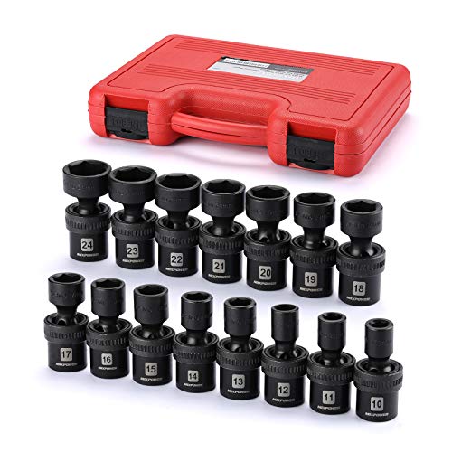 MIXPOWER 15-piece 1/2" Drive Shallow Universal Impact Socket Set, 6 Points, Metric, 10-24mm, Swivel Socket with Flexible Wobble, CR-MO, Heavy Duty Storage Case… B08JTJVV8M - size: 15 Pcs Metric 1/2'' Dr. (Shallow)