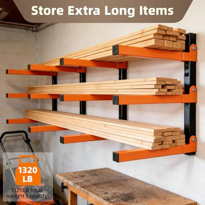 Wall Mounted Lumber Storage Rack and Wood Organizer with 6-Level Holds Up 1320 LBS, Heavy Duty Steel Shelf Brackets for Garages Workshops & Outdoor Sheds, Space Saving Metal Wall Rack