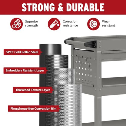 3 Tier Rolling Cart, Heavy Duty Utility Industrial Service Carts on Wheels, Metal Tool Cart with Locked Drawers, Ideal for Garage, Warehouse and Repair Shop (Grey) - color: Gray