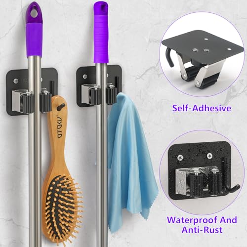 Broom Holder Wall Mount Rack, 304 Stainless Steel Mop and Tool Organizer | Drill-Mounted Gripper Rack Holds Brooms, Mops and Garden Tools Safely in the Laundry Room, Kitchen, Garage, Garden and Shed - color: Black-Silver