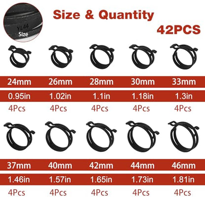 Spring Hose Clamp and Removal Pliers Set – 42 Pieces (24–46mm, 10 Large Fuel Line Clamp Sizes)