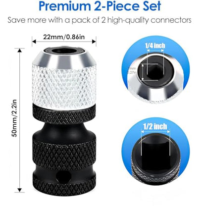2PCS 1/2 inch Square Drive to 1/4 inch Hex Socket Adapter - CrMo Steel Quick Release Chuck Converter for Impact Wrench Air Tools & Electric Drill