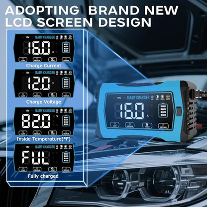 16 AMP Battery Charger, 6V/12V/24V Smart Car Battery Charger, Trickle Charger, Fully Automatic Chargers and Maintainer for Car, Motorcycle, Lawn Mower, Lead-Acid, Lithium, LiFePo4 Batteries
