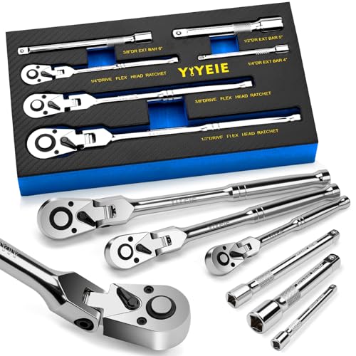 YIYEIE 6-Piece Flex Head Ratchet Set, 1/4", 3/8", 1/2" Drive, Swivel Head Ratchet Wrench with Extension Bar, 72 Tooth, 180° Adjustable, Quick-Release, Flexible Ratchet Handle with EVA Foam - size: 1/4", 3/8", 1/2" Drive, style: 6pcs Flex Head Ratchet Set