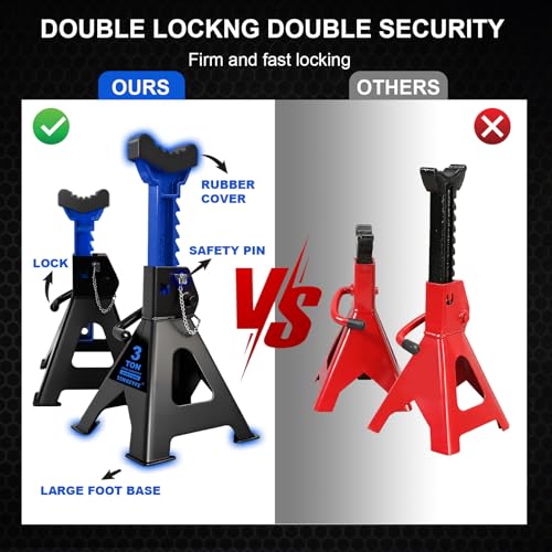 3 Ton (6,600 LBs) Jack Stands with Double Pin Locking,Rubber Cover and Large Foot Base,11"-17" Adjustable Height,Heavy Duty Car Jack Stands,Lifting SUV,MPV,Pickup Truck,ATV/UTV,1 Pair,Blue - color: blue-standard, size: 3ton Load Capacity
