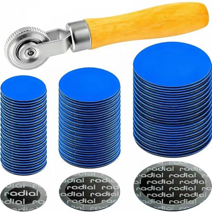 Tire Patch Kit with Wooden Roller Tool,30-Piece Tube Repair Patches for Car, Truck, Motorcycle, Bike,3 Sizes (10 Each of 32mm, 42mm, 58mm),Puncture Repair Kit for Tires & Tubes