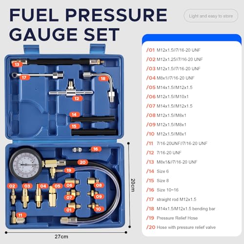 Fuel Pressure Tester Kit 0–140 PSI, Fuel Injection Pressure Tester & Fuel System Pressure Gauge Kit with Hoses and Adapters for Gasoline Cars Trucks Motorcycles（Blue）