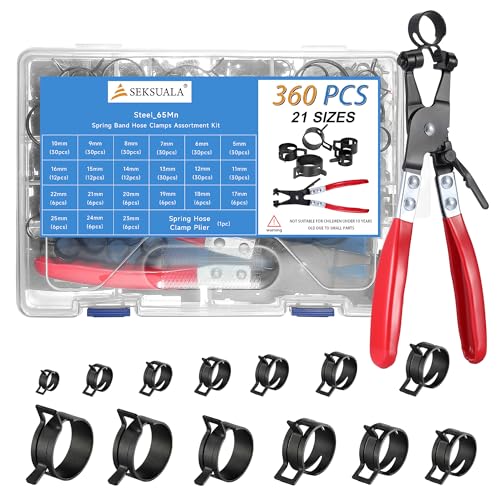 360Pcs 1/5" to 1" (5-25mm) Spring Band Hose Clamps Assortment Kit with Swivel Flat Hose Clamp Plier, SEKSUALA Constant Tension Steel Clamps for Fuel Lines, Silicone,Vacuum Hoses (Black) - size: Black-360Pcs-21Size(5-25mm)
