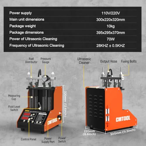 CMTOOL Fuel Injector Cleaner Machine, Ultrasonic Cleaning Kit, 9 Test Modes, Auto Fuel Injector Cleaner and Tester, Motorcycle Automotive Tool, 800ml Ultrasonic Tank