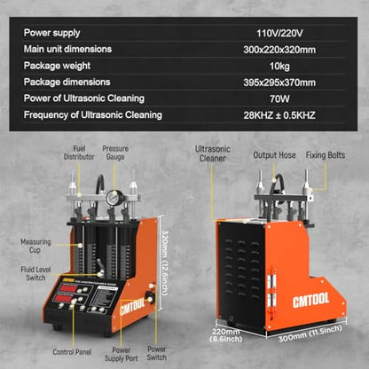 CMTOOL Fuel Injector Cleaner Machine, Ultrasonic Cleaning Kit, 9 Test Modes, Auto Fuel Injector Cleaner and Tester, Motorcycle Automotive Tool, 800ml Ultrasonic Tank