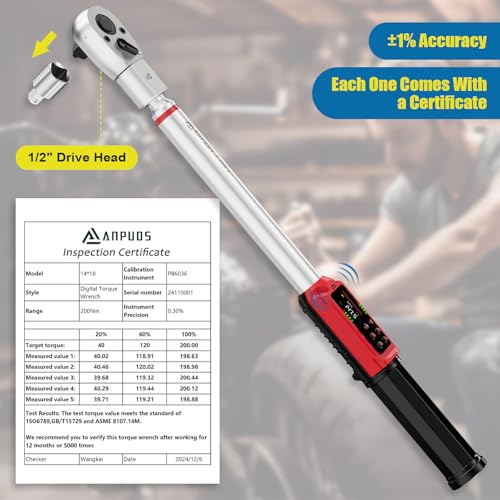 ANPUDS Adjustable Digital Torque Wrench, 2.2-147.5 Ft.lb, ±1% Accuracy | 3-200 Nm, 45mm Jaw & 1/2" Ratchet, 14×18mm Open End, Vibration, Buzzer and LED Indicator, for HVAC, Split AC, Auto, Plumbing - size: 2.2-147.5 Ft.lb/3-200 Nm(14×18mm)