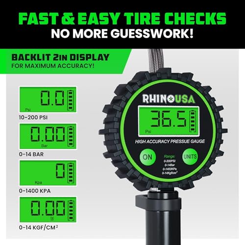 Rhino USA Digital Tire Pressure Gauge with Inflator (0-200 PSI) - 2in Dial | Heavy Duty Air Chuck & Compressor Accessories. Stainless Braided Hose, Large 2in Dial, Solid Brass Hardware. - style: 200psi Digital