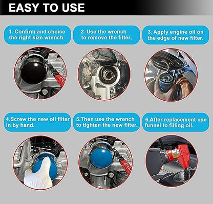 7pcs Oil Filter Wrench Set with Small Oil Funnel for Oil Change, Adjustable Oil Filter Removal Tool 2-1/16"-5-1/4"
