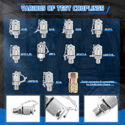 Hydraulic Pressure Gauge Test Kit Tractor Hydraulic Tester Set with 3 Gauges(25/40/60Mpa) 3 Hoses(64.5in) 11 Quick Connectors for Excavator Construction Machinery(Silver) - size: Silver 3 Gauges 11 Connector