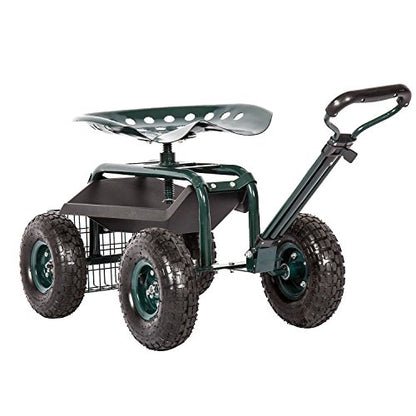 Kinfant Rolling Garden Cart Scooter Stool - Garden Cart with Wheels & Seat Rolling Stool Gardening Cart, Adjustable Handle 360 Degree Swivel (Green) - color: Dark Green