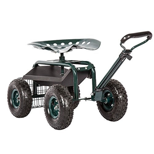 Kinfant Rolling Garden Cart Scooter Stool - Garden Cart with Wheels & Seat Rolling Stool Gardening Cart, Adjustable Handle 360 Degree Swivel (Green) - color: Dark Green